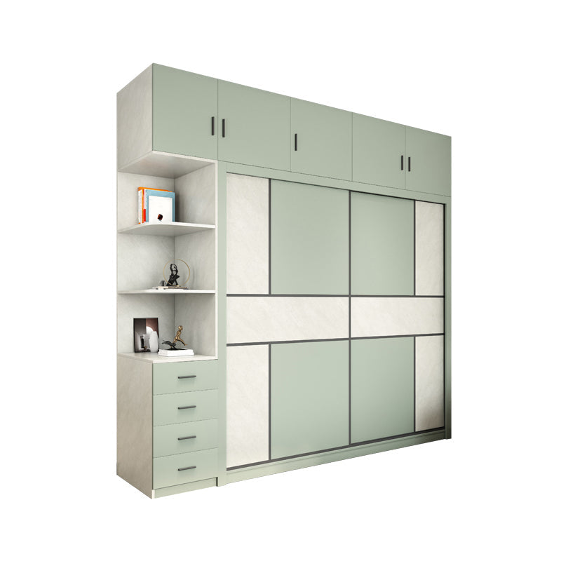 Green and White Bedroom Storage Cabinet Modern Sliding Door Cabinet with Drawers