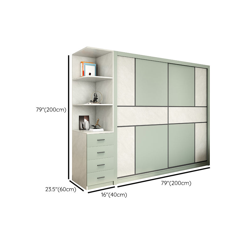 Green and White Bedroom Storage Cabinet Modern Sliding Door Cabinet with Drawers