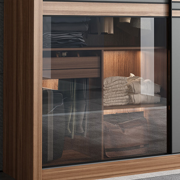 Brauner und grauer Aufbewahrungsschrank moderner Schiebetürschrank mit Schubladen