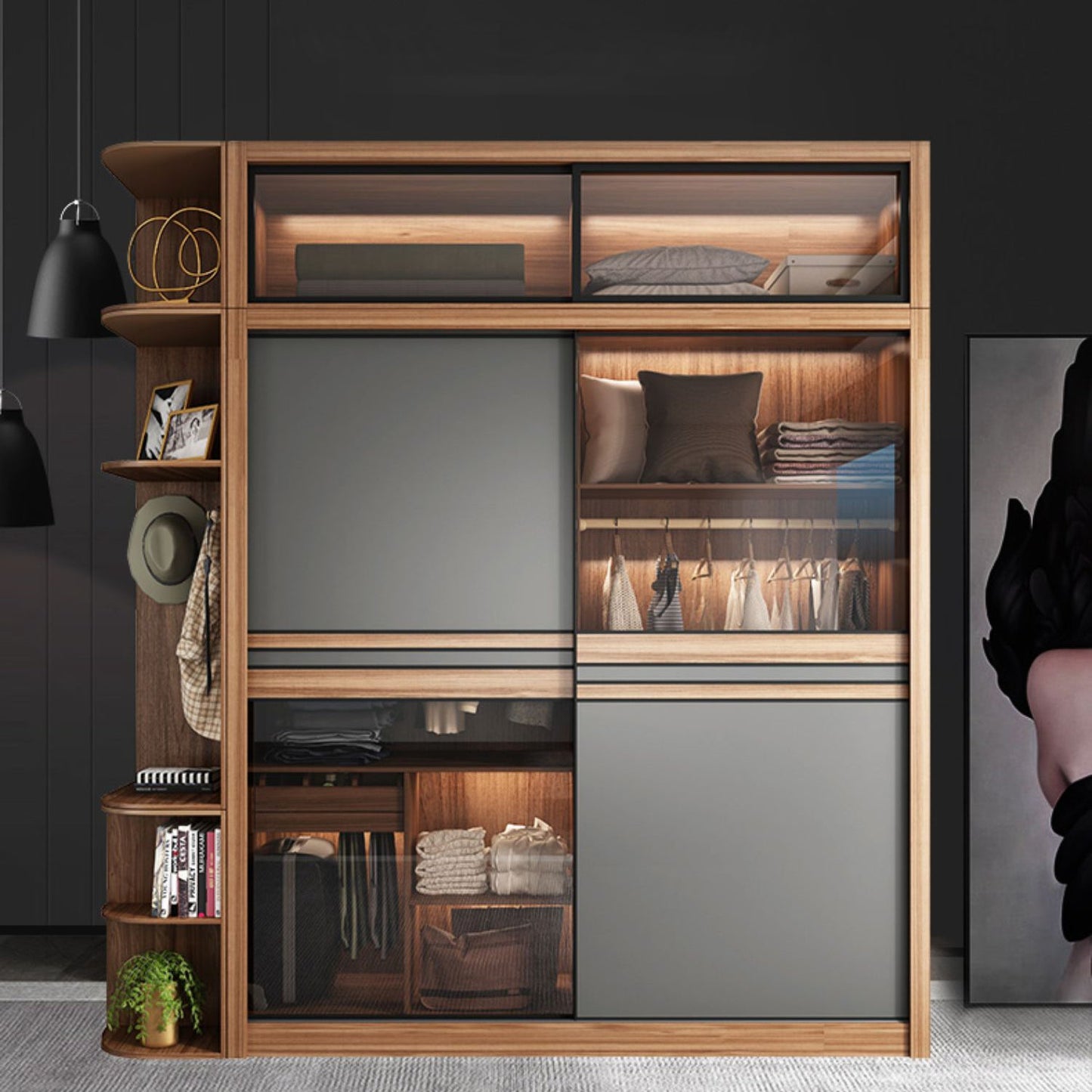 Brauner und grauer Aufbewahrungsschrank moderner Schiebetürschrank mit Schubladen