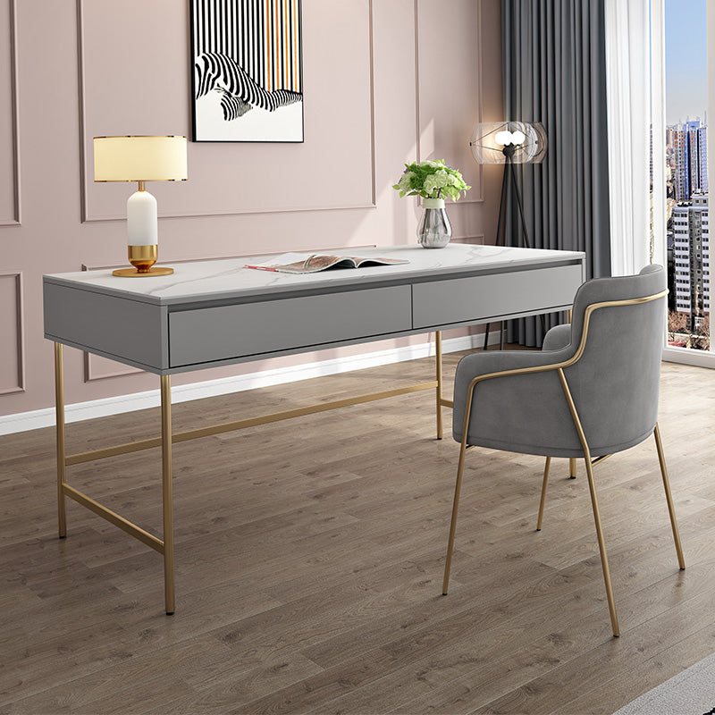 Modern Stone Office Desk Rectangular Shape Task Desk with 2-Drawers in Grey and Gold Clearhalo 'furn' 'furn_office_desk' 'Furniture' 'Office Desks' 'Office Furniture' 'office_desk' 6970231