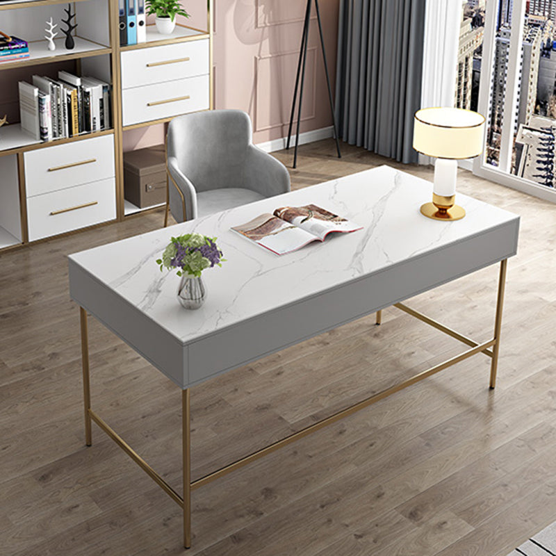 Modern Stone Office Desk Rectangular Shape Task Desk with 2-Drawers in Grey and Gold 39"L x 24"W x 30"H Clearhalo 'furn' 'furn_office_desk' 'Furniture' 'Office Desks' 'Office Furniture' 'office_desk' 6970240