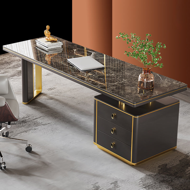 Modern Stone Office Desk Rectangular Shape Task Desk with 2-Legs in Black