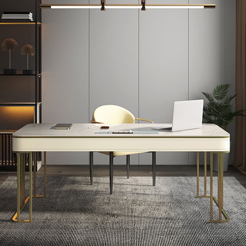 Modern Stone Office Desks Rectangular Shape Task Desks with 2-Drawers in White Clearhalo 'furn' 'furn_office_desk' 'Furniture' 'Office Desks' 'Office Furniture' 'office_desk' 6970356