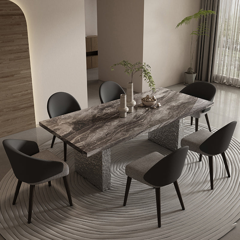 Glossy Gray Stone Dining Table Set 1/4/5/7 Pcs Dinette Set with Arm Chairs 7 Pieces: Table, 6 Chairs Clearhalo 'Dining Room Sets' 'Dining Tables & Seating' 'dining_room_set' 'furn' 'furn_dining_room_set' 'Furniture' 'Kitchen & Dining Furniture' 6976419