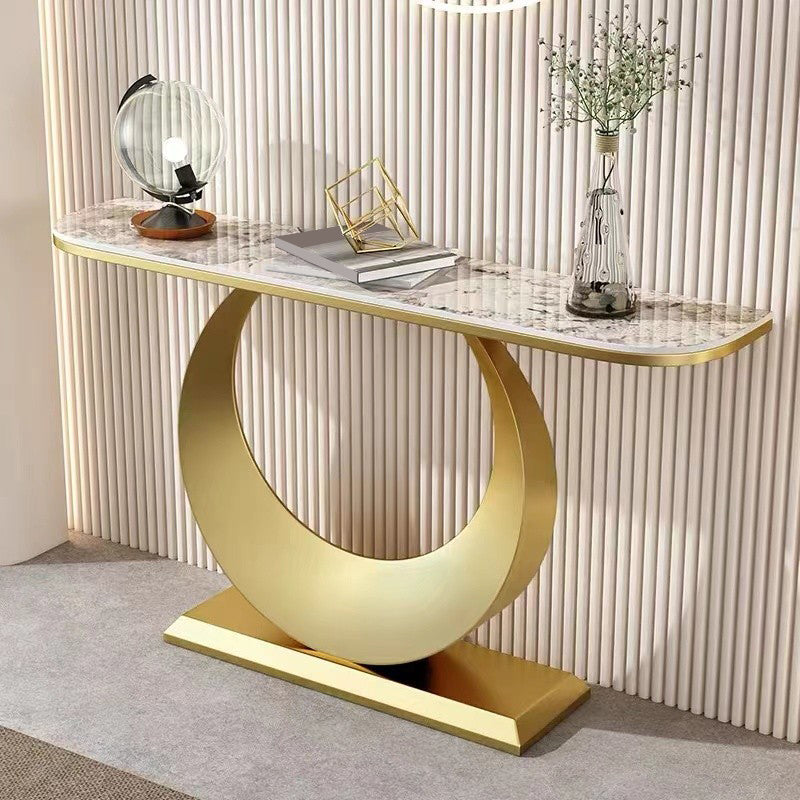 Contemporary Console Accent Table Antique Finish Half Moon Console Sofa Table in Stone 47"L x 12"W x 31"H Gold Pandora Gold Clearhalo 'Console Tables' 'console_tables' 'Entry & Mudroom Furniture' 'furn' 'furn_console_tables' 'Furniture' 6977505
