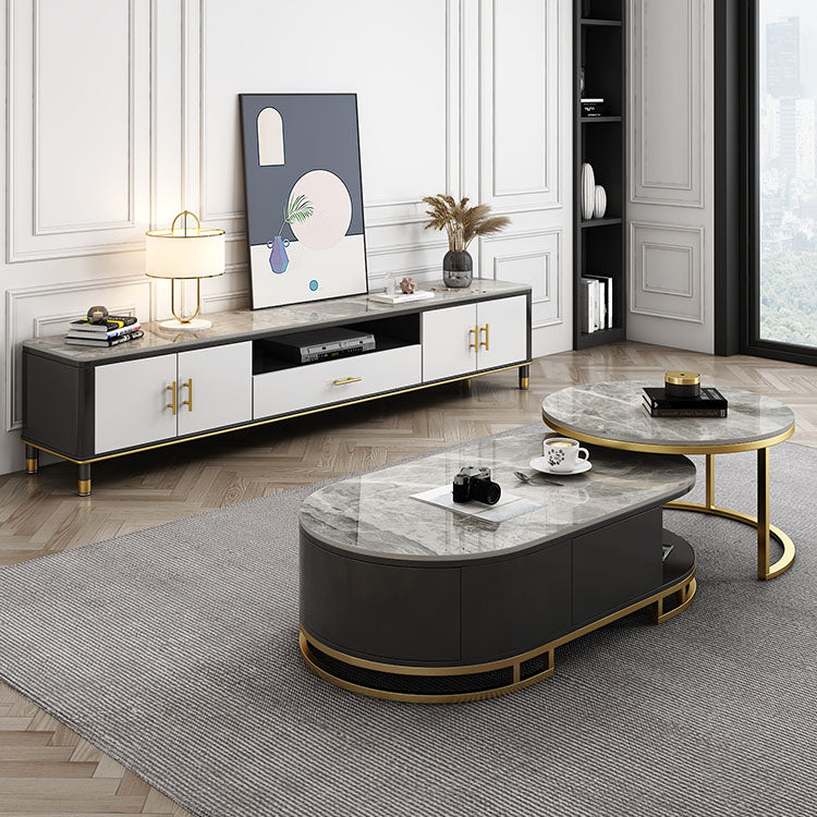 Stone Media Console Glam Faux Wood 1 Drawer TV Console with Doors Clearhalo 'furn' 'furn_tv_stands_entertainment_centers' 'Furniture' 'Living Room Furniture' 'TV Stands & Entertainment Centers' 'TV Stands & Media Storage Furniture' 'tv_stands_entertainment_centers' 6982663