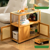 Asian Rectangular Side Table Glass Top End Table with Cabinet