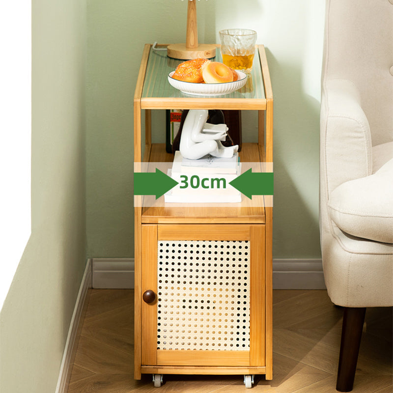 Asian Rectangular Side Table Glass Top End Table with Cabinet