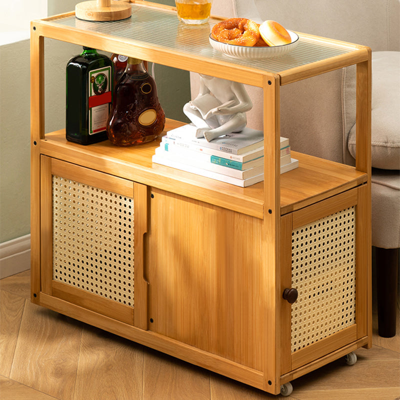 Asian Rectangular Side Table Glass Top End Table with Cabinet