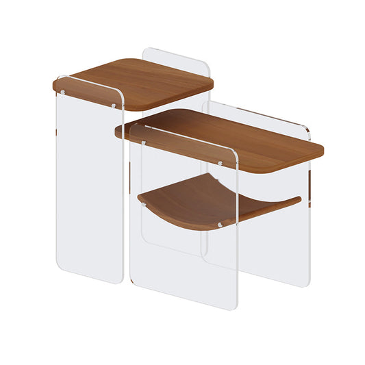 Tavolo da tavolo a doppio livello di legno e acrilico con scaffale per soggiorno