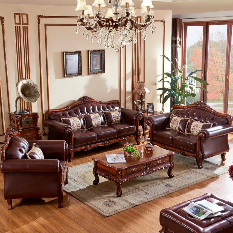 Sofá de cuero genuino Sofá con brazo enrollado con retroceso en marrón