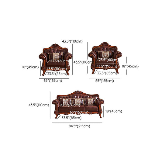 茶色の本革のソファ房型スプリットバックロールアームソファー