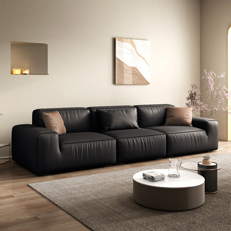 Industrial Black Genuine Leather Cushions Square Arm Living Room Settee