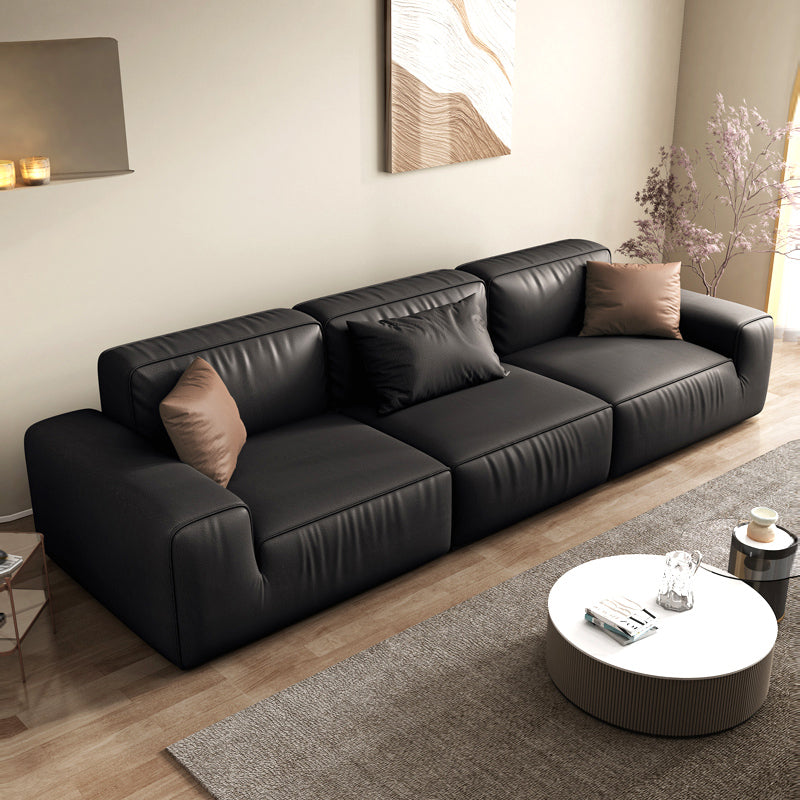 Industrial Black Genuine Leather Cushions Square Arm Living Room Settee Clearhalo 'furn' 'furn_sofas' 'Furniture' 'Living Room Furniture' 'Sofa' 'sofas' 6984732