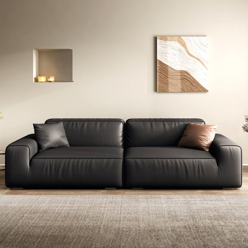 Industrial Black Genuine Leather Cushions Square Arm Living Room Settee