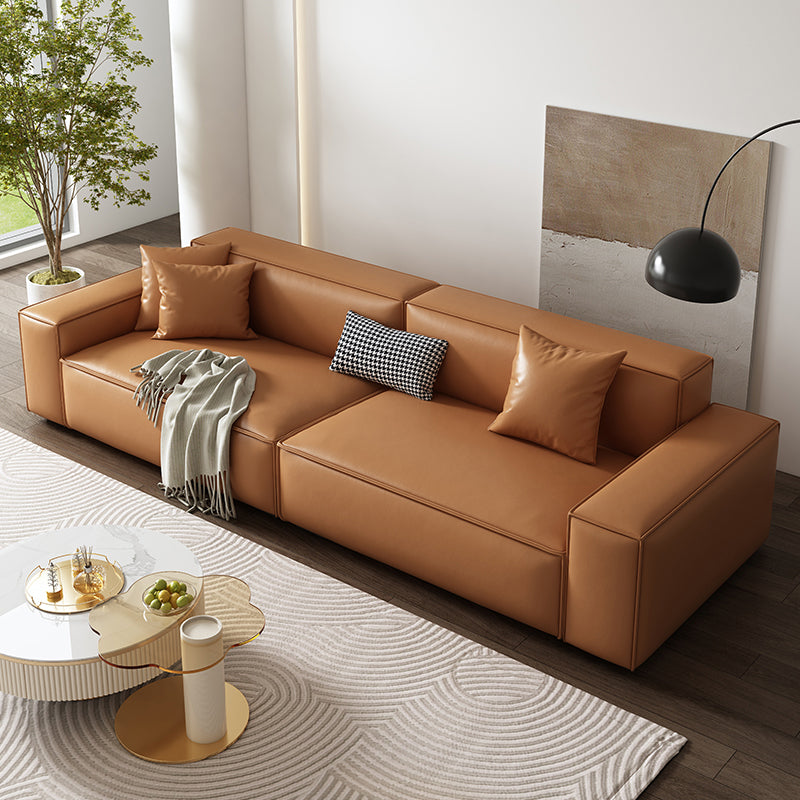 Vintage Genuine Leather Orange Cushions Square Arm Living Room Settee Clearhalo 'furn' 'furn_sofas' 'Furniture' 'Living Room Furniture' 'Sofa' 'sofas' 6985476