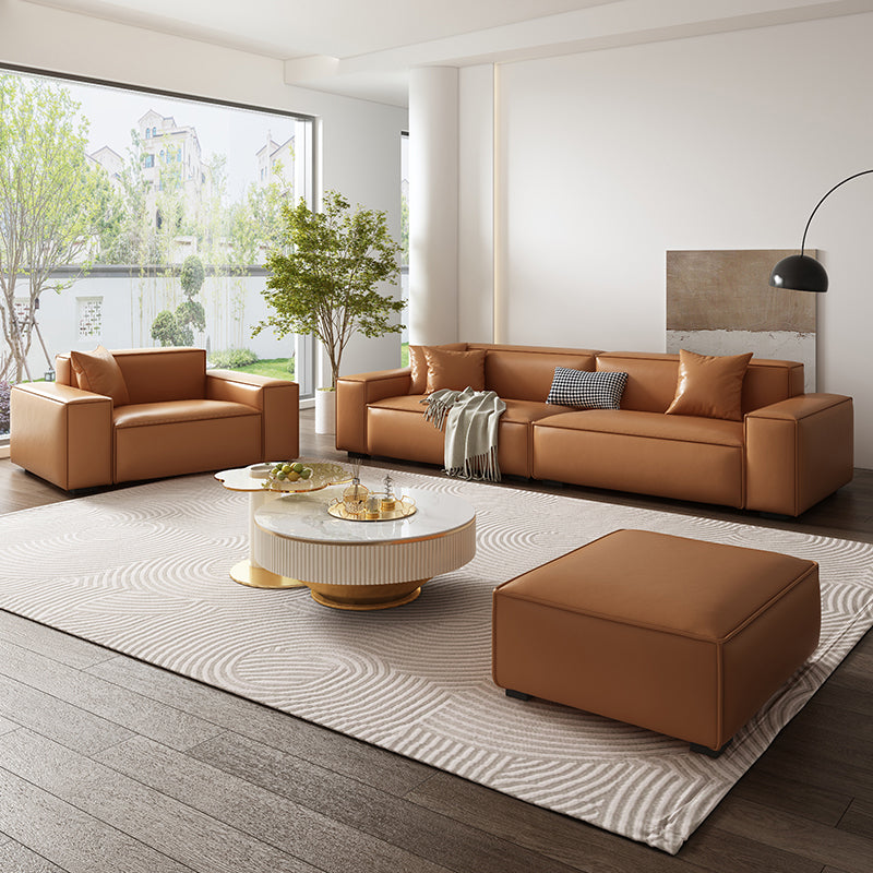 Vintage Genuine Leather Orange Cushions Square Arm Living Room Settee Clearhalo 'furn' 'furn_sofas' 'Furniture' 'Living Room Furniture' 'Sofa' 'sofas' 6985477