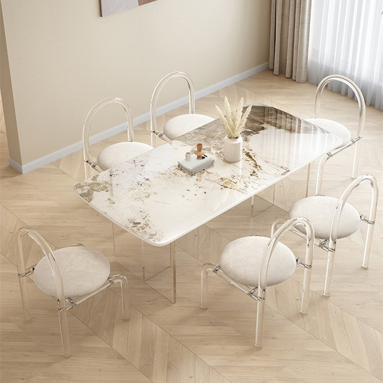 Glam Dining Table Set with Acrylic Base 1/5/7 Pcs Dinette Set with White Chairs 7 Pieces: Table, 6 Chairs Clearhalo 'Dining Room Sets' 'Dining Tables & Seating' 'dining_room_set' 'furn' 'furn_dining_room_set' 'Furniture' 'Kitchen & Dining Furniture' 6986160