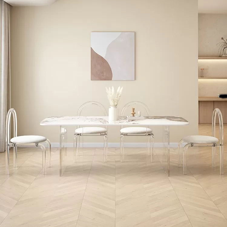 Glam Dining Table Set with Acrylic Base 1/5/7 Pcs Dinette Set with White Chairs 5 Pieces: Table, 4 Chairs Clearhalo 'Dining Room Sets' 'Dining Tables & Seating' 'dining_room_set' 'furn' 'furn_dining_room_set' 'Furniture' 'Kitchen & Dining Furniture' 6986162