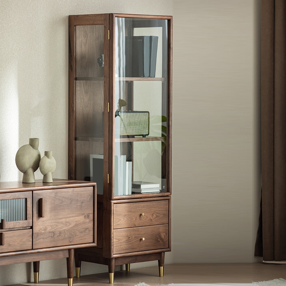 66.9" Tall 2-Drawer Accent Cabinet Solid Wood Glass Paned Side Cabinet in Walnut Brown Clearhalo 'Cabinets & Chests' 'cabinets_chests' 'furn' 'furn_cabinets_chests' 'Furniture' 'Living Room Furniture' 6993274