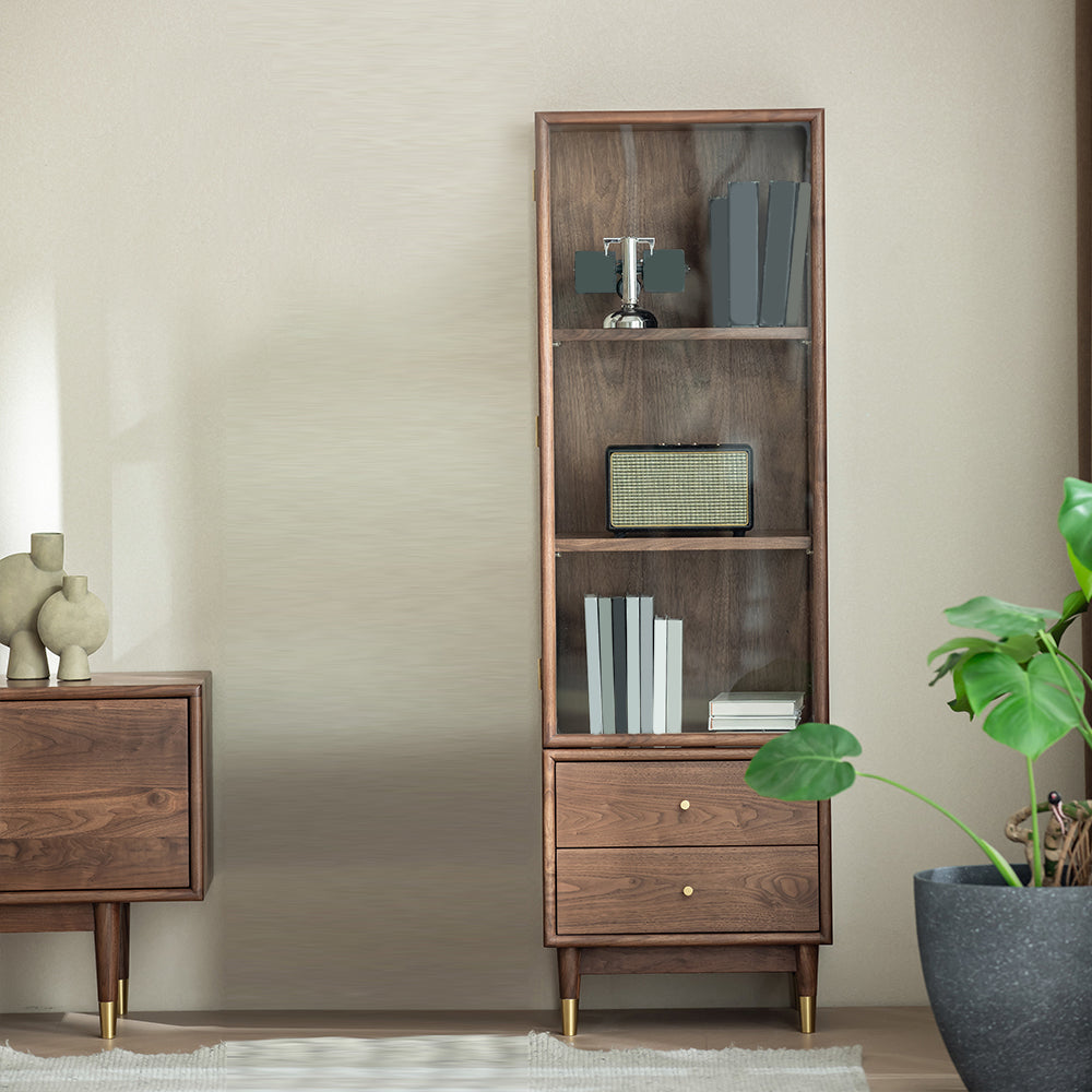 66.9" Tall 2-Drawer Accent Cabinet Solid Wood Glass Paned Side Cabinet in Walnut Brown Clearhalo 'Cabinets & Chests' 'cabinets_chests' 'furn' 'furn_cabinets_chests' 'Furniture' 'Living Room Furniture' 6993276
