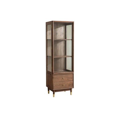 66.9" Tall 2-Drawer Accent Cabinet Solid Wood Glass Paned Side Cabinet in Walnut Brown Glass Clearhalo 'Cabinets & Chests' 'cabinets_chests' 'furn' 'furn_cabinets_chests' 'Furniture' 'Living Room Furniture' 6993279