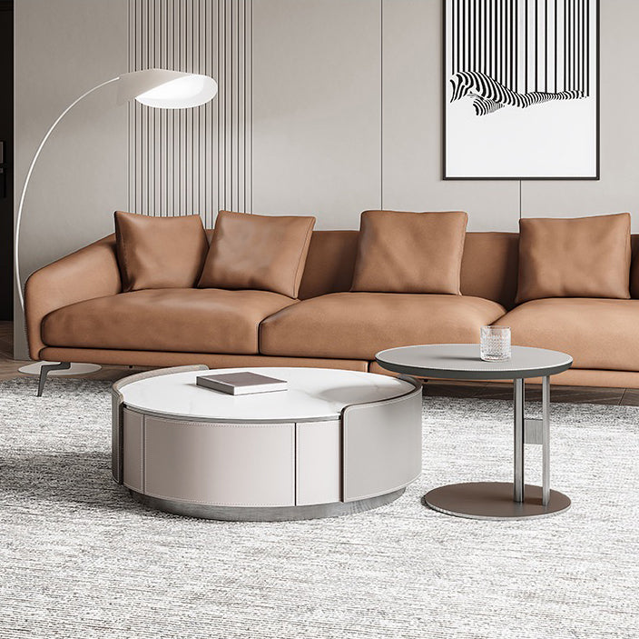 Slate and Leather Drum Coffee Table Modern Round Cocktail Table Set with Storage Clearhalo 'Coffee & Accent Tables' 'Coffee Tables' 'coffee_tables' 'furn' 'furn_coffee_tables' 'Furniture' 'Living Room Furniture' 6993635