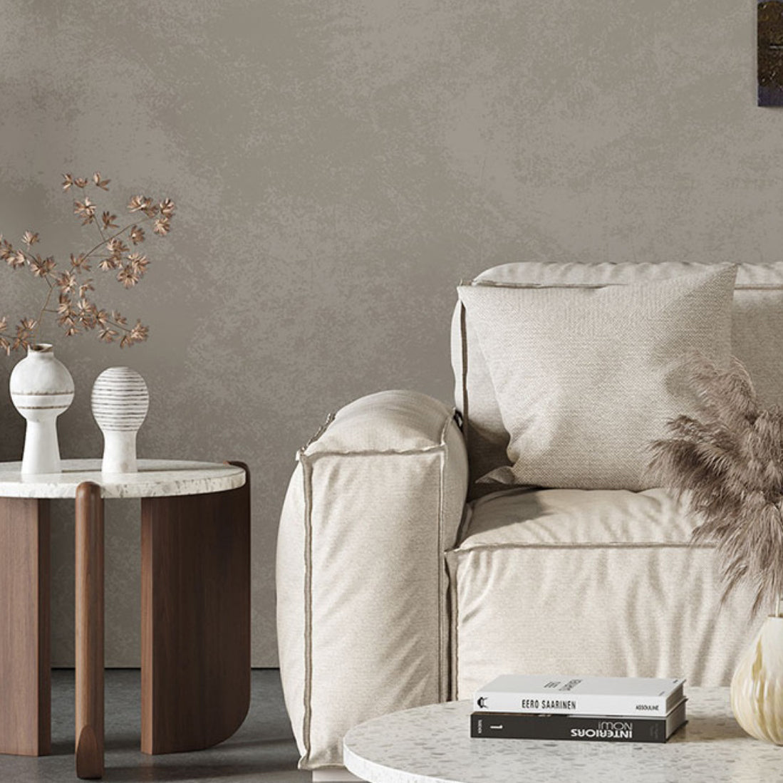 Weißer runder Couchtisch Terrazzo und Kiefernholz Cocktailtisch Set