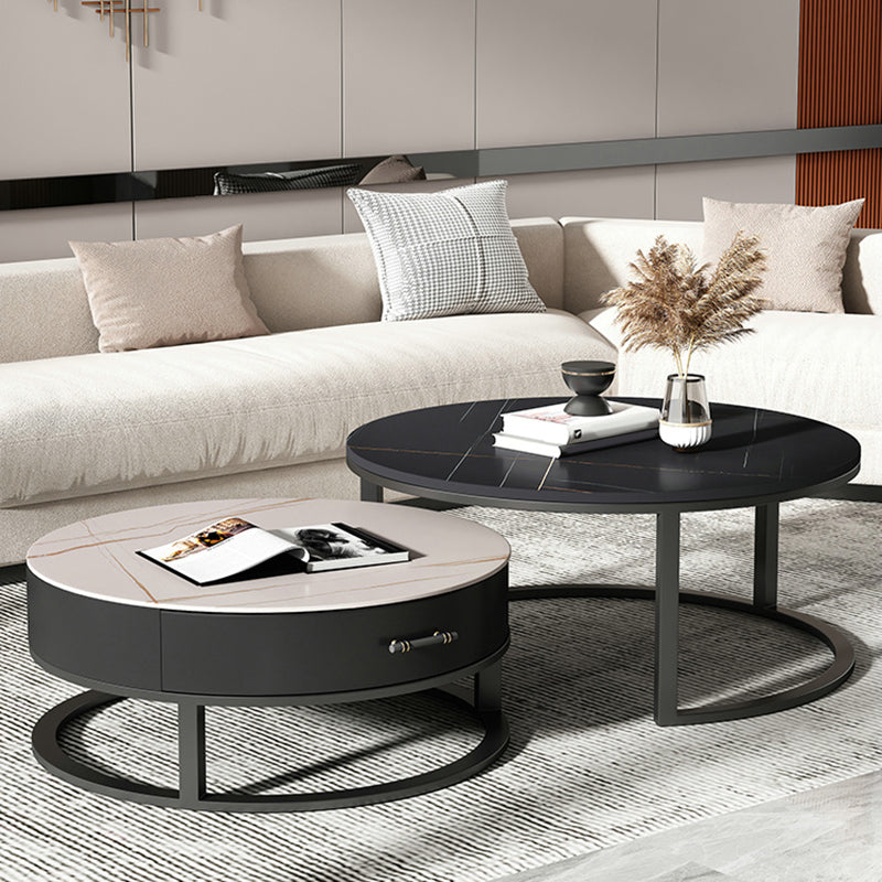Round Slate Top Coffee Table Set Frame Cocktail Table with Storage Drawers Clearhalo 'Coffee & Accent Tables' 'Coffee Tables' 'coffee_tables' 'furn' 'furn_coffee_tables' 'Furniture' 'Living Room Furniture' 6993803