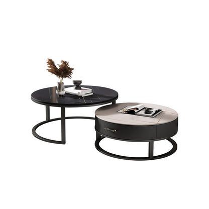 Round Slate Top Coffee Table Set Frame Cocktail Table with Storage Drawers 28"L x 28"W x 18"H + 20"L x 20"W x 16"H Clearhalo 'Coffee & Accent Tables' 'Coffee Tables' 'coffee_tables' 'furn' 'furn_coffee_tables' 'Furniture' 'Living Room Furniture' 6993804