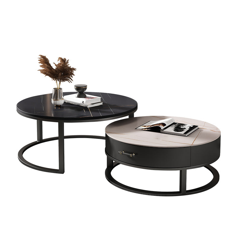 Round Slate Top Coffee Table Set Frame Cocktail Table with Storage Drawers 31.5"L x 31.5"W x 18"H + 23.5"L x 23.5"W x 15.5"H Clearhalo 'Coffee & Accent Tables' 'Coffee Tables' 'coffee_tables' 'furn' 'furn_coffee_tables' 'Furniture' 'Living Room Furniture' 6993805