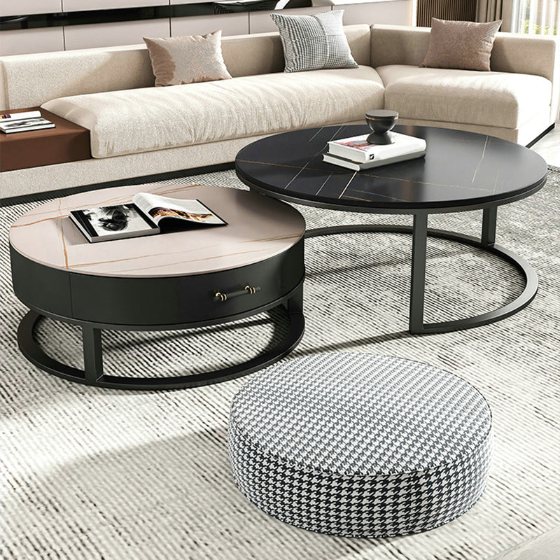 Round Slate Top Coffee Table Set Frame Cocktail Table with Storage Drawers Clearhalo 'Coffee & Accent Tables' 'Coffee Tables' 'coffee_tables' 'furn' 'furn_coffee_tables' 'Furniture' 'Living Room Furniture' 6993816