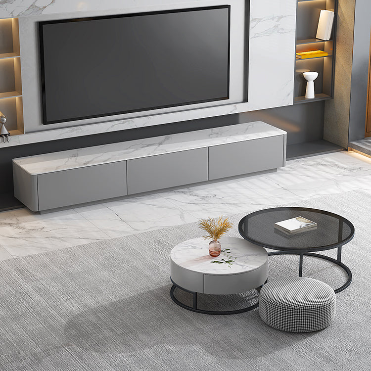 Modern Round Glass & Slate Coffee Table Set Frame Cocktail Table with Drawer Clearhalo 'Coffee & Accent Tables' 'Coffee Tables' 'coffee_tables' 'furn' 'furn_coffee_tables' 'Furniture' 'Living Room Furniture' 6993851