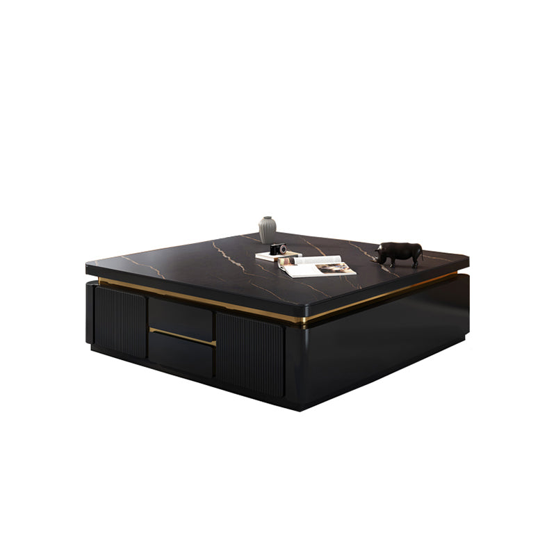 Wooden Block Cocktail Table with Drawers Glam Slate Top 4-Door Coffee Table 39"L x 39"W x 18"H Black Clearhalo 'Coffee & Accent Tables' 'Coffee Tables' 'coffee_tables' 'furn' 'furn_coffee_tables' 'Furniture' 'Living Room Furniture' 6993861