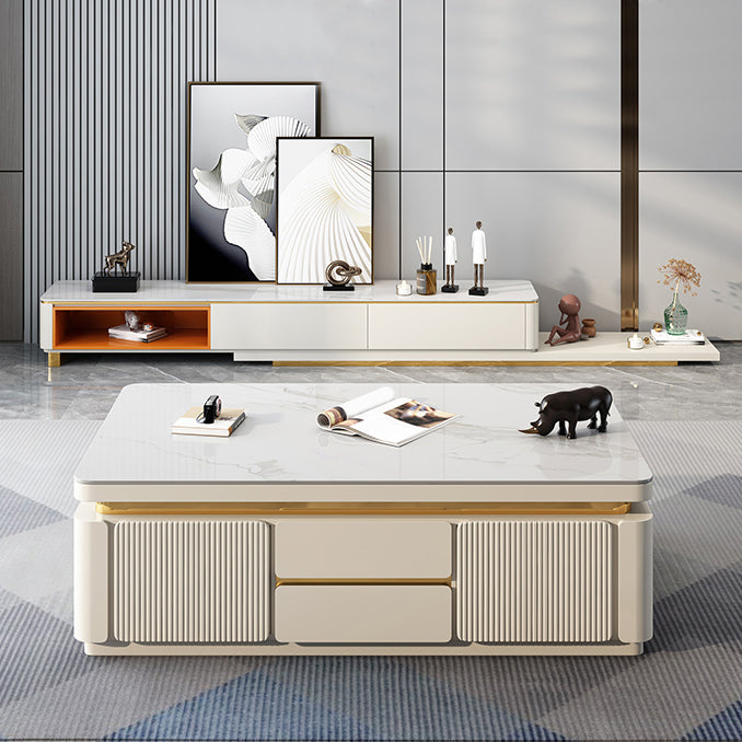 Wooden Block Cocktail Table with Drawers Glam Slate Top 4-Door Coffee Table Clearhalo 'Coffee & Accent Tables' 'Coffee Tables' 'coffee_tables' 'furn' 'furn_coffee_tables' 'Furniture' 'Living Room Furniture' 6993863