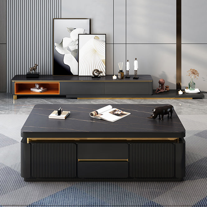 Wooden Block Cocktail Table with Drawers Glam Slate Top 4-Door Coffee Table Clearhalo 'Coffee & Accent Tables' 'Coffee Tables' 'coffee_tables' 'furn' 'furn_coffee_tables' 'Furniture' 'Living Room Furniture' 6993865