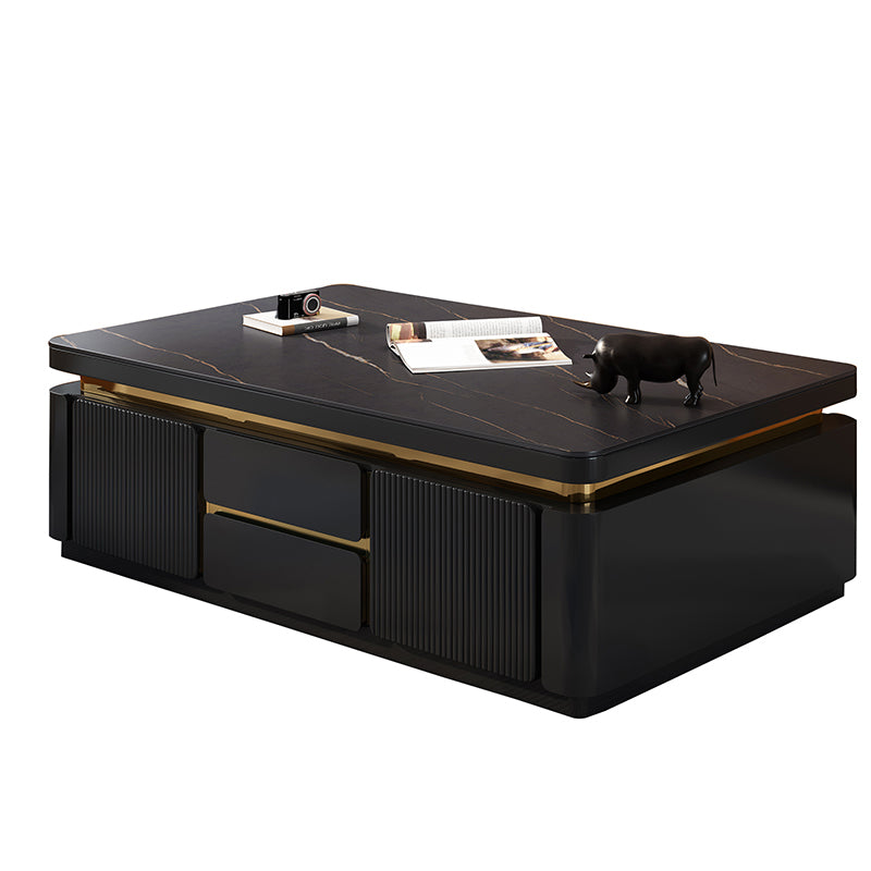 Wooden Block Cocktail Table with Drawers Glam Slate Top 4-Door Coffee Table Black Clearhalo 'Coffee & Accent Tables' 'Coffee Tables' 'coffee_tables' 'furn' 'furn_coffee_tables' 'Furniture' 'Living Room Furniture' 6993867