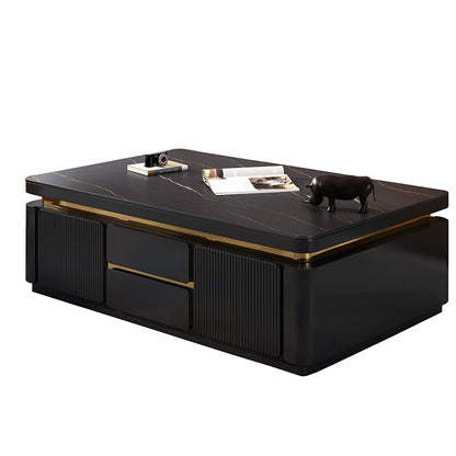 Wooden Block Cocktail Table with Drawers Glam Slate Top 4-Door Coffee Table Black Clearhalo 'Coffee & Accent Tables' 'Coffee Tables' 'coffee_tables' 'furn' 'furn_coffee_tables' 'Furniture' 'Living Room Furniture' 6993867