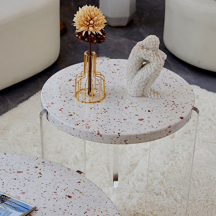 Eigentijdse ronde terrazzo cocktailtafel metaal/acryl salontafel met 3 poten