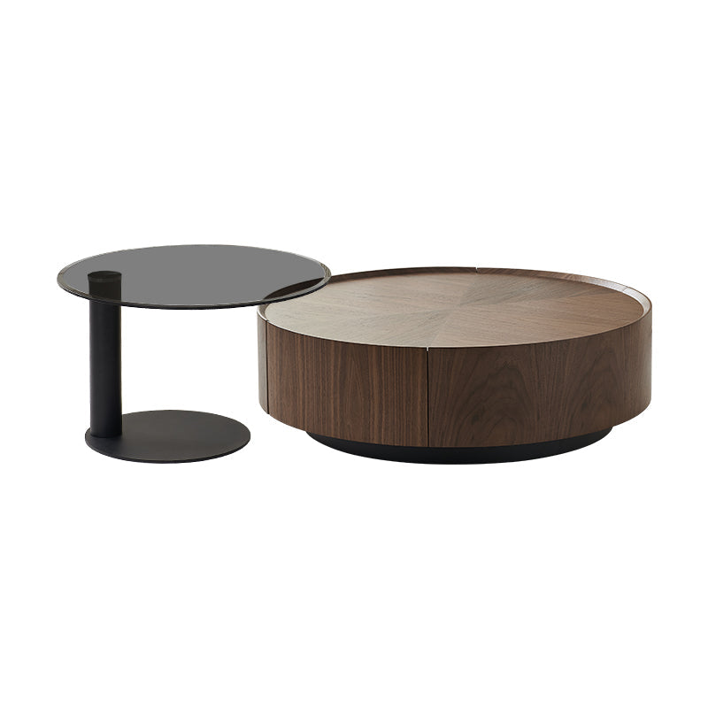 Round Wood Cocktail Table Set with 2 Drawers Modern Walnut Coffee Table 39.5"L x 39.5"W x 14"H + 20"L x 20"W x 16"H Clearhalo 'Coffee & Accent Tables' 'Coffee Tables' 'coffee_tables' 'furn' 'furn_coffee_tables' 'Furniture' 'Living Room Furniture' 6994263