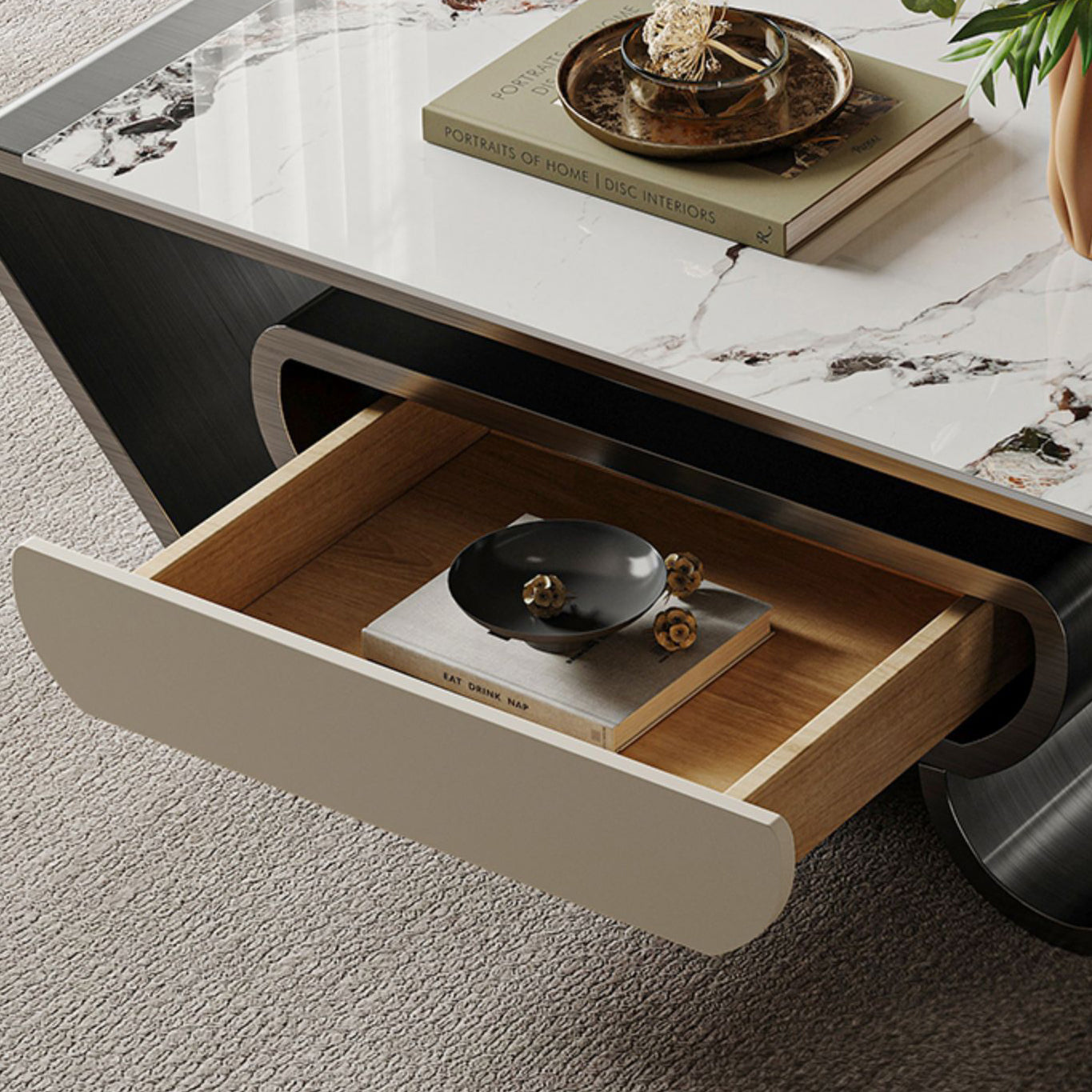 Slate abstrakter Kaffeetisch Glam Rechteckige Cocktailtisch mit Lagerschublade