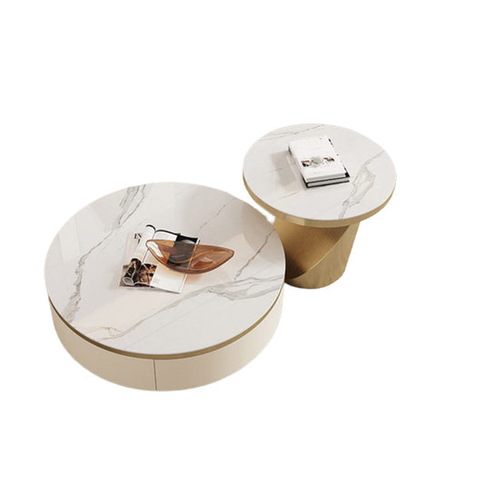 Slate and Metal Coffee Table Pedestal Round Cocktail Table with Drawer Clearhalo 'Coffee & Accent Tables' 'Coffee Tables' 'coffee_tables' 'furn' 'furn_coffee_tables' 'Furniture' 'Living Room Furniture' 6994462