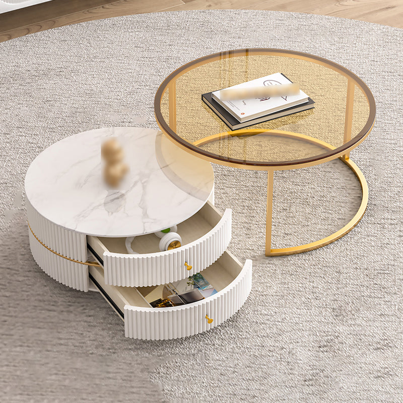 Round Nesting Coffee Table Set Frame Coffee Table with Storage Glass & Stone Clearhalo 'Coffee & Accent Tables' 'Coffee Tables' 'coffee_tables' 'furn' 'furn_coffee_tables' 'Furniture' 'Living Room Furniture' 6994517