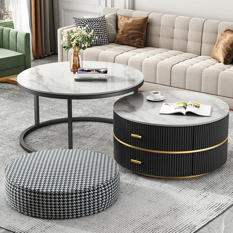 Round Slate Coffee Table Set Frame Cocktail Table with 2 Storage Drawers Clearhalo 'Coffee & Accent Tables' 'Coffee Tables' 'coffee_tables' 'furn' 'furn_coffee_tables' 'Furniture' 'Living Room Furniture' 6998308