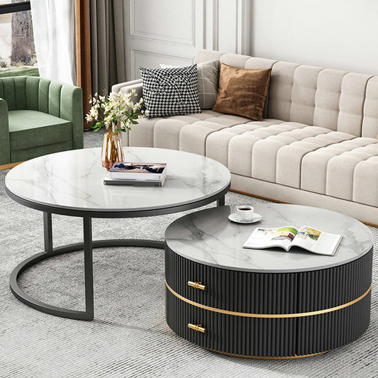 Round Slate Coffee Table Set Frame Cocktail Table with 2 Storage Drawers Clearhalo 'Coffee & Accent Tables' 'Coffee Tables' 'coffee_tables' 'furn' 'furn_coffee_tables' 'Furniture' 'Living Room Furniture' 6998315