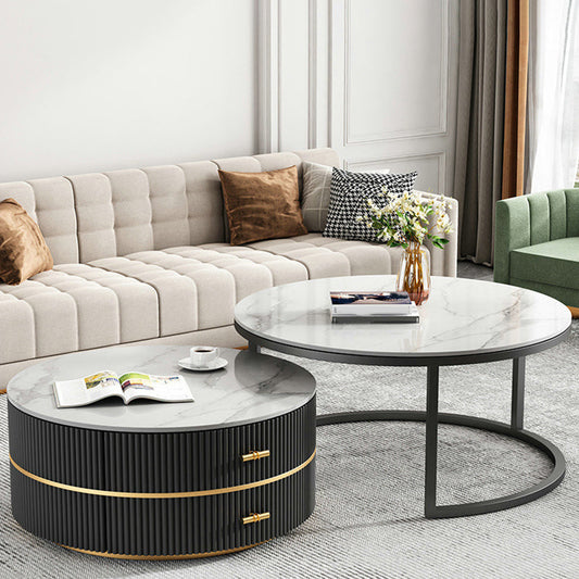 Round Slate Coffee Table Set Frame Cocktail Table with 2 Storage Drawers Clearhalo 'Coffee & Accent Tables' 'Coffee Tables' 'coffee_tables' 'furn' 'furn_coffee_tables' 'Furniture' 'Living Room Furniture' 6998316