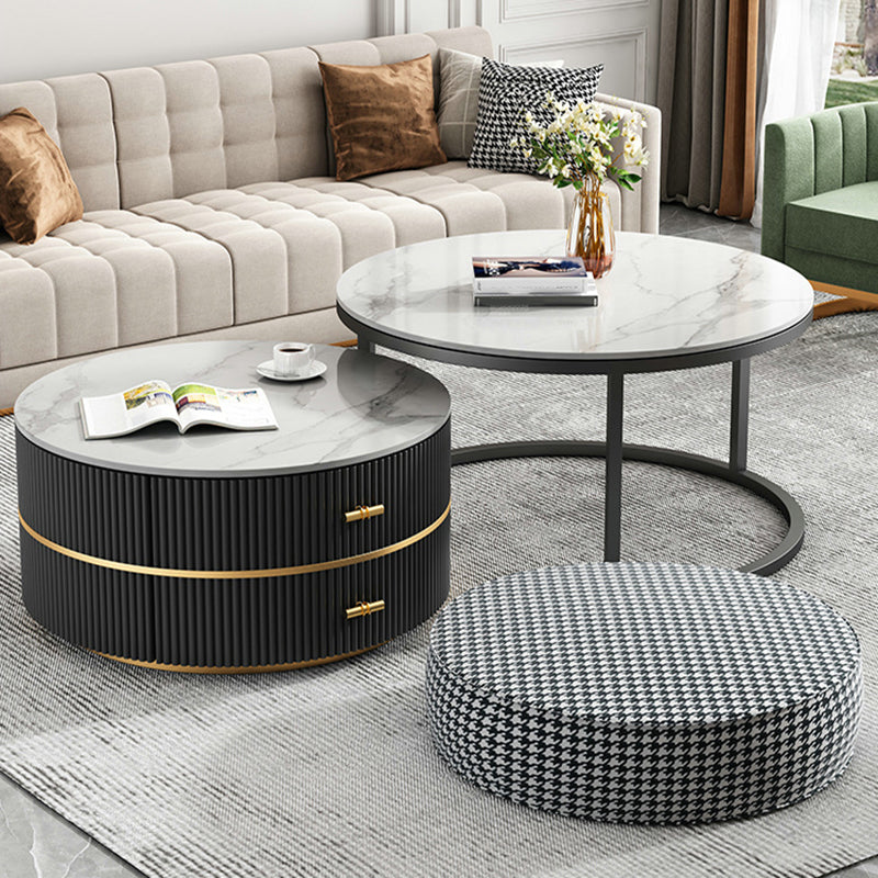 Round Slate Coffee Table Set Frame Cocktail Table with 2 Storage Drawers Clearhalo 'Coffee & Accent Tables' 'Coffee Tables' 'coffee_tables' 'furn' 'furn_coffee_tables' 'Furniture' 'Living Room Furniture' 6998317