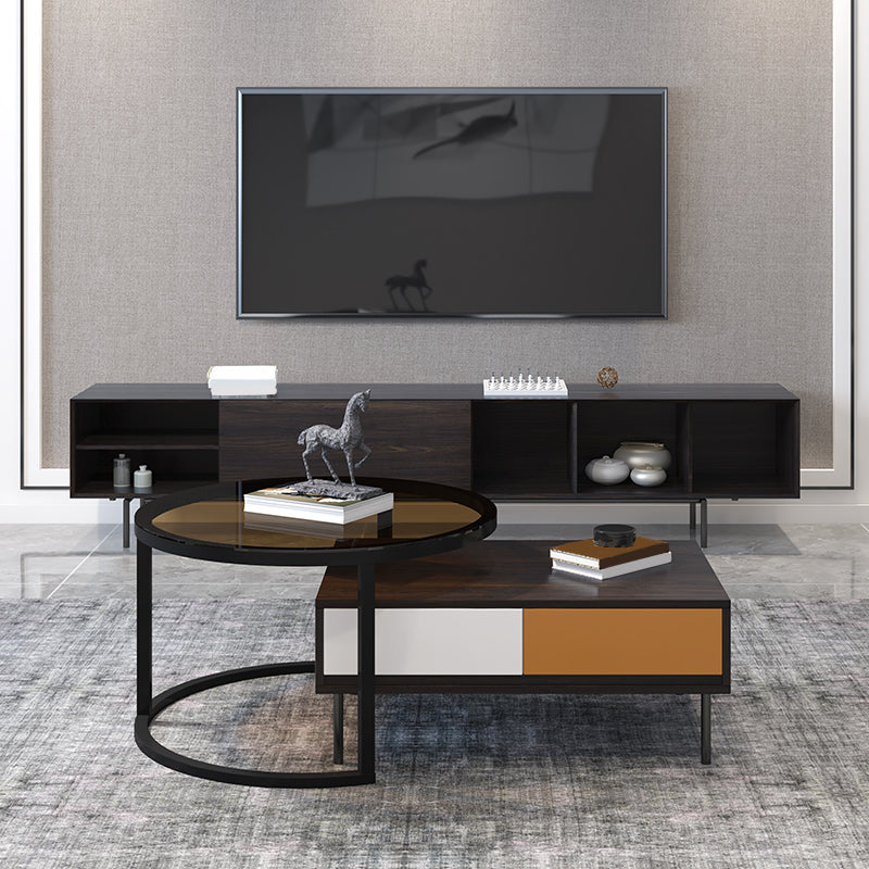 Modern 4 Legs Cocktail Table with 4 Drawers Glass & Wood 2 Nesting Coffee Table Set Clearhalo 'Coffee & Accent Tables' 'Coffee Tables' 'coffee_tables' 'furn' 'furn_coffee_tables' 'Furniture' 'Living Room Furniture' 6998369