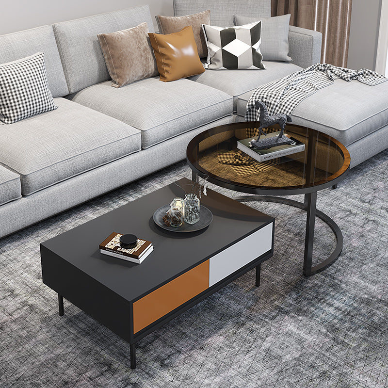 Modern 4 Legs Cocktail Table with 4 Drawers Glass & Wood 2 Nesting Coffee Table Set 31"L x 22"W x 14"H+28"L x 28"W x 18"H Gray-White Clearhalo 'Coffee & Accent Tables' 'Coffee Tables' 'coffee_tables' 'furn' 'furn_coffee_tables' 'Furniture' 'Living Room Furniture' 6998372